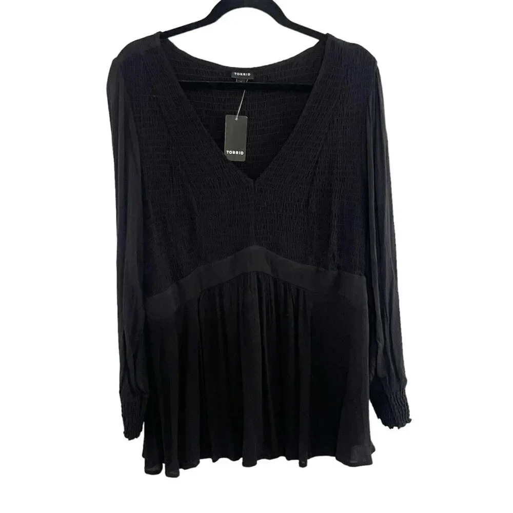 Torrid Black Long Sleeve Stretchy Smocked Babydoll Shirt Women's Plus Size 1X